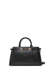 Borsa a tracolla in pelle nera con un design strutturato, una maniglia superiore e hardware dorato inciso con "GUESS." Presenta un'etichetta rimovibile e una tracolla staccabile.