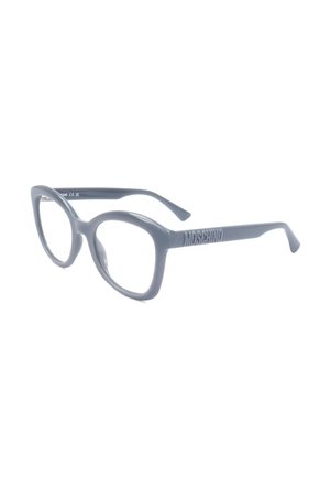 Occhiali da vista in plastica grigia con lenti rettangolari arrotondate e montatura spessa, con marchio Moschino sulle aste.