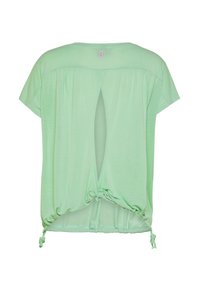 Lysegrøn kortærmet bluse med åben slidse i ryggen, rynket kant med justerbare snore bundet på begge sider.