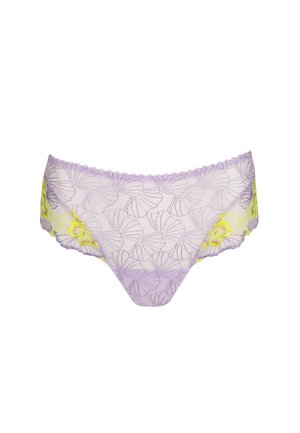 Bragas de encaje morado con bordado floral y detalles de flores amarillas en los costados, sobre un fondo blanco.