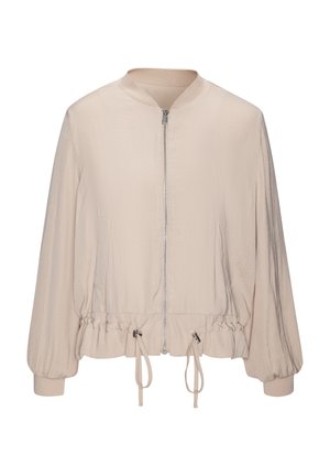 Light beige bomber jacket with a ribbed collar, zip front, and drawstring hem. Features long sleeves and side pockets. Soft, smooth texture.