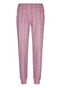 Katoenen broek met een elastische tailleband, voorzien van een klein wit bloemenpatroon op een bordeauxrode achtergrond en aansluitende boorden bij de enkels.