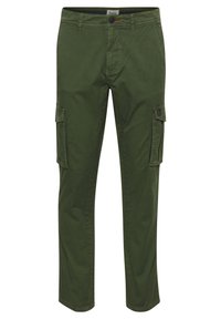 Pantalon cargo vert en coton, doté de poches latérales, de jambes droites et d'une texture lisse avec des détails de couture subtils.