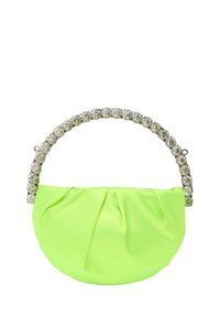 Grønne satin håndtaske med samlet design, der har et håndtag dekoreret med rhinsten for ekstra detalje og tekstur.