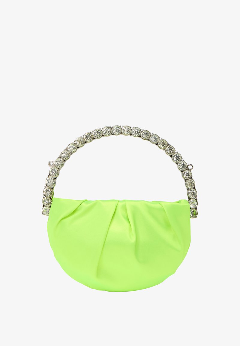 Zöld selyem táska, gyűrött dizájnnal, strasszkövekkel díszített fogantyúval, amely különleges részleteket és textúrát ad a táskához.