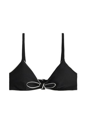 Zwarte bikini top met dunne schouderbandjes en een voorstrik in een strik met witte bies.