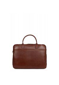 Bruine leren aktetas met een gladde textuur, dubbele handgrepen bovenaan en een ritssluiting. Heeft subtiele stiksels en een minimalistisch ontwerp.