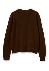 Brązowy sweter dzianinowy z okrągłym dekoltem, z prążkowanymi mankietami i dołem. Gładka tekstura oraz prosty design, bez dodatkowych wzorów czy akcentów.