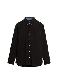 Camisa de pana negra con cuello abotonado, que presenta botones blancos y mangas largas. Textura suave con dobladillo redondeado y marca característica.