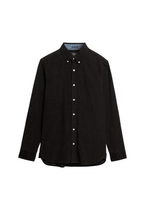 Zwarte corduroy shirt met een button-down kraag, voorzien van witte knopen en lange mouwen. Soepele textuur met afgeronde zoom en kenmerkende branding.