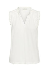 Chemisier sans manches blanc avec un décolleté en V et des accents froncés aux épaules, fabriqué en tissu doux pour plus de confort.