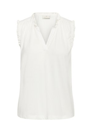 White sleeveless blouse with a V-neckline and ruffled accents at the shoulders, made from soft fabric for comfort.