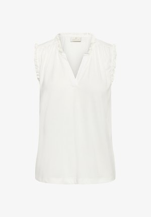 Chemisier sans manches blanc avec un décolleté en V et des accents froncés aux épaules, fabriqué en tissu doux pour plus de confort.