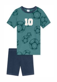 Twee-delige pyjama set voor kinderen met een teal shirt met korte mouwen, versierd met afbeeldingen van een voetbal en het nummer "10," gecombineerd met marineblauwe shorts.