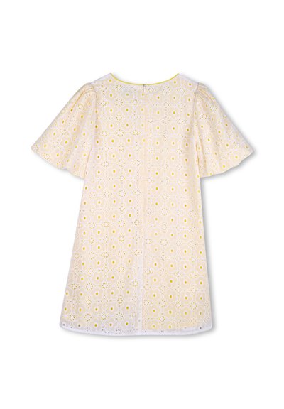 Λευκό φόρεμα με λουλουδένιο μοτίβο σε κίτρινες και γκρι αποχρώσεις. Κοντά, φουσκωτά μανίκια και στρογγυλή λαιμόκοψη. Διακοσμητικό κέντημα eyelet σε όλο το ύφασμα.