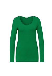 Grön långärmad T-shirt med rundad halsringning, tillverkad av slätt tyg, med en figurnära design utan mönster eller dekorationer.