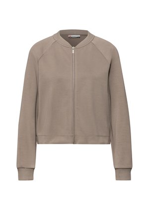 Chaqueta bomber beige con cremallera, cuello, puños y dobladillo acanalados, que presenta mangas raglán largas y una textura de tela suave.