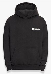 Schwarzer Kapuzenpulli aus Baumwolle mit einer vorderen Kängurutasche und einem weißen "Dropsize"-Logo auf der linken Brustseite.