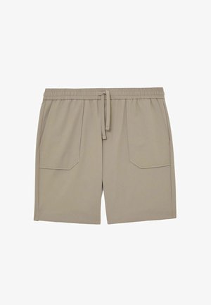 Beige casual shorts with elastic waistband, front drawstring, and two large front patch pockets.