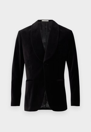 Černý sametový sako se šálovým límcem, jednobodovým zapínáním, dvěma předními kapsami a saténovou podšívkou. Hladká textura, dobře padnoucí design.