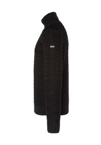 Maglione nero lavorato a maglia con colletto alto. Presenta un motivo a treccia testurizzato e una piccola etichetta con logo sul lato. Maniche lunghe.