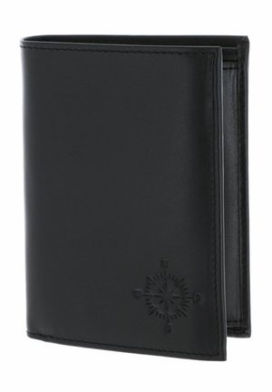 Portefeuille bifold en cuir noir avec un motif de boussole embossé dans le coin inférieur droit, légèrement ouvert pour montrer les bords intérieurs.