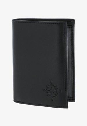 Portefeuille bifold en cuir noir avec un motif de boussole embossé dans le coin inférieur droit, légèrement ouvert pour montrer les bords intérieurs.