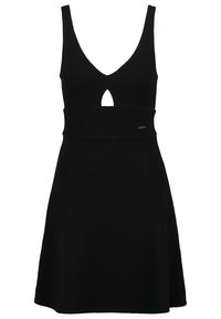 Robe noire sans manches en tissu texturé avec un décolleté en V profond et une découpe en œil de clé, arborant une taille cintrée et une jupe évasée.