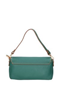 Sac en cuir turquoise avec une finition texturée, fermeture éclair et une bandoulière marron. Présente des garnitures dorées et des coutures le long du bord.