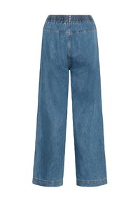 Blauwe denim wijde broek met een elastische tailleband, voorzien van een gladde textuur en contrasterende stiksels langs de naden.