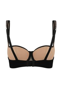 Drahtloser BH mit nude-farbenen Cups und schwarzem Unterbrustband. Verziert mit Spitzenakzenten an den verstellbaren Trägern und einem Hakenverschluss am Rücken.