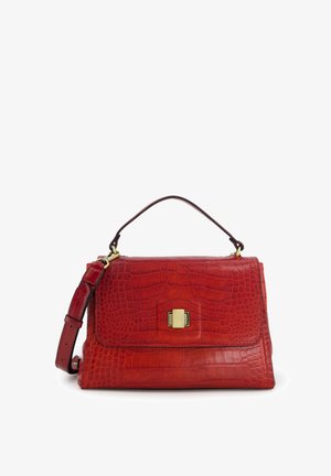 Red crocodile-texture leather handbag with top handle, adjustable shoulder strap, and gold-tone clasp closure on front flap.