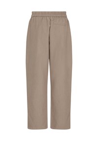 Beige kalhoty s širokými nohavicemi a elastickým pasem, texturovaná látka a jedna zadní kapsa. Volný střih, zkrácená délka.