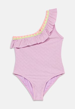 Pigens lilla badedragt med én skulder, glitrende stof, flæsedetalje og neonpink og gul zigzagdetalje langs udskæringen.