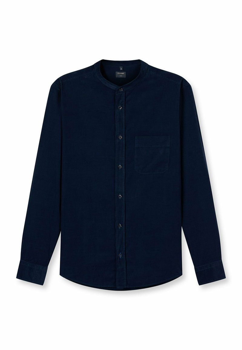 Dunkelblaues Langarmhemd mit Stehkragen, Knopfleiste und Brusttasche, vor einem weißen Hintergrund präsentiert.