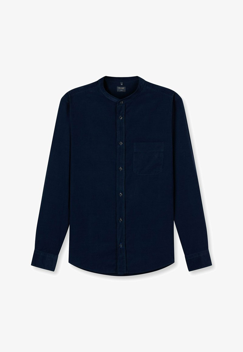 Dunkelblaues Langarmhemd mit Stehkragen, Knopfleiste und Brusttasche, vor einem weißen Hintergrund präsentiert.