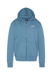 Lichtblauwe hoodie met rits, gemaakt van zacht materiaal. Heeft een zak aan de voorkant, geribbelde manchetten en een capuchon met trekkoord, met een logo op de borst.