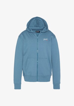 Hellblauer Kapuzenpullover mit Reißverschluss aus weichem Stoff. Verfügt über eine Fronttasche, gerippte Bündchen und eine Kapuze mit Kordelzug sowie einem Logo auf der Brust.