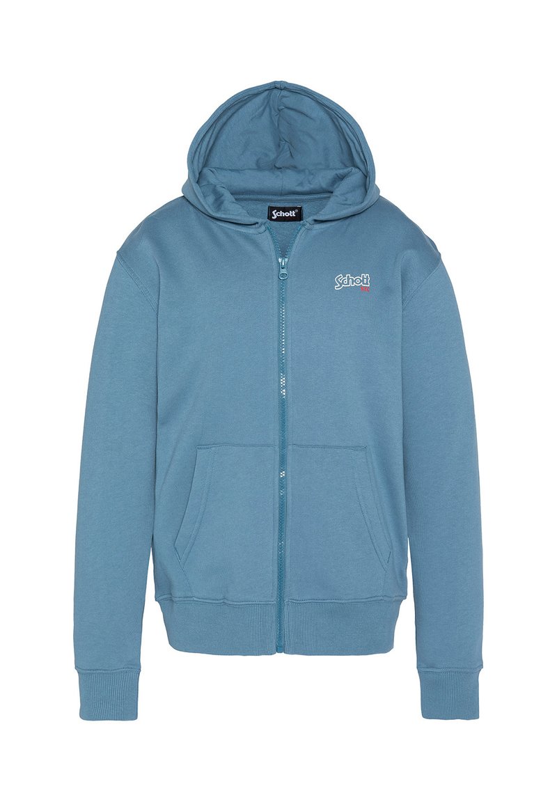 Lichtblauwe hoodie met rits, gemaakt van zacht materiaal. Heeft een zak aan de voorkant, geribbelde manchetten en een capuchon met trekkoord, met een logo op de borst.