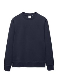 Navy blue crewneck sweatshirt with long sleeves, ribbed cuffs, and hem, displayed on a plain white background.