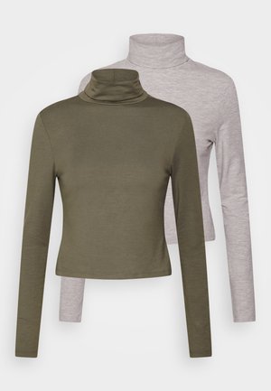 To langærmede turtlenecks: en olivengrøn og en lys grå. Blødt, strækbart stof med en tætsiddende design og glat tekstur.