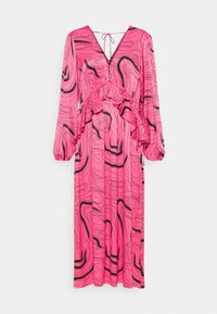 Robe maxi rose à manches longues avec motif abstrait tourbillonnant noir, décolleté en V profond, détail volanté à la taille et fermeture par lien à l'arrière du col.