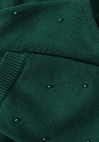 Maglione verde realizzato in morbido tessuto, caratterizzato da un lavorato a maglia testurizzato e piccoli elementi decorativi in teal distribuiti uniformemente sulla superficie.