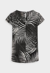 Blusa de manga corta en blanco y negro, con un patrón de hojas con líneas de distintos grosores, textura suave y un cuello redondo con cierre en la parte posterior.