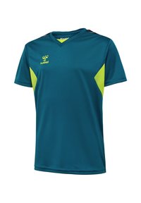 Maillot de sport bleu sarcelle avec panneaux latéraux jaune néon, manches courtes, col en V et logo hummel sur la poitrine gauche.