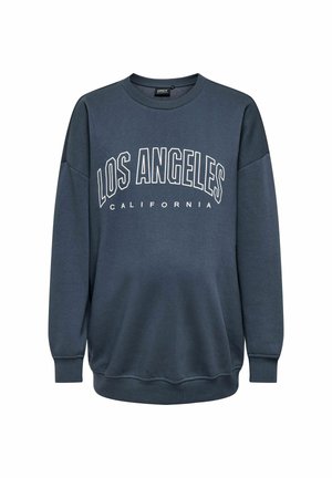 Mörkblå sweatshirt med rundad halsringning, prydd med vit text: "LOS ANGELES CALIFORNIA." Tillverkad av mjukt, strukturerat tyg med ribbade ärmslut.