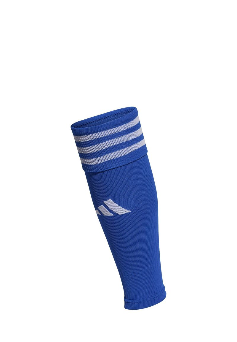 Blauwe sportarmmouw van flexibele stof, met horizontale witte strepen aan de bovenkant en een discreet wit logo bij de pols.