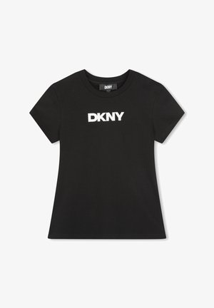 T-shirt en coton noir avec un col rond et des manches courtes, arborant un logo "DKNY" blanc imprimé sur le devant.