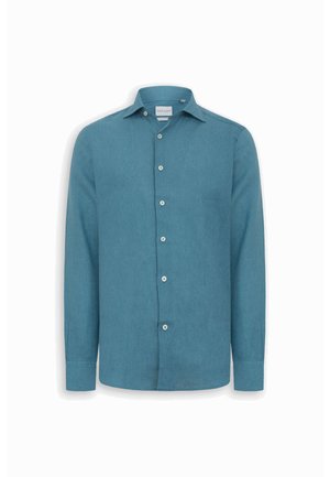 Pitkähihainen, turkoosin sininen, napitettava paita, jossa on kaulus ja kalvosimet, valkoisella taustalla.