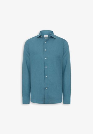 Pitkähihainen, turkoosin sininen, napitettava paita, jossa on kaulus ja kalvosimet, valkoisella taustalla.